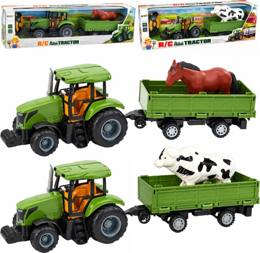 Zelený traktor s prívesom a koňom na diaľkové ovládanie