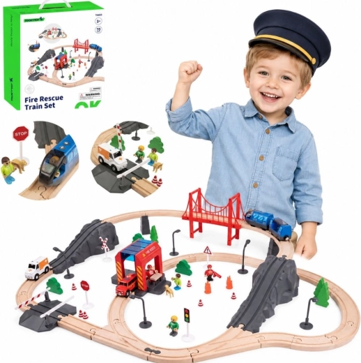 Tooky Toy drevená elektrická vláčiková dráha s hasičskou stanicou a zvukovými efektmi, 70 dielov, FSC
