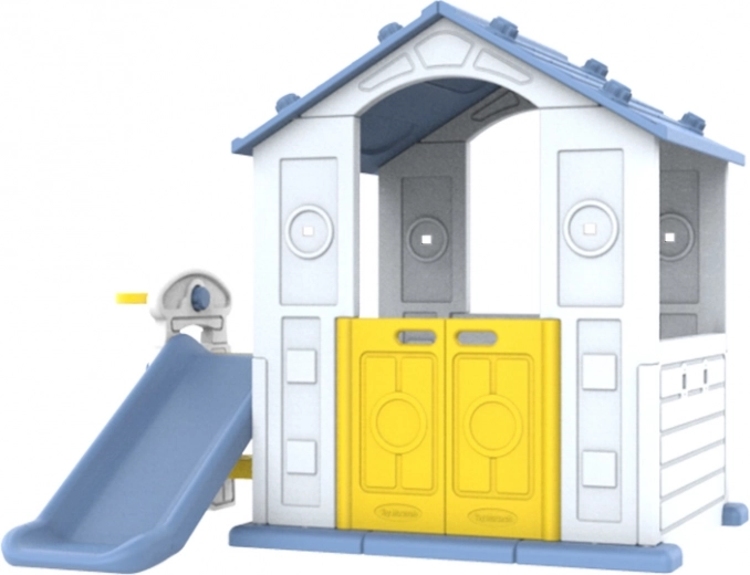 Detský domček so šmýkačkou a drezom – modrá strecha