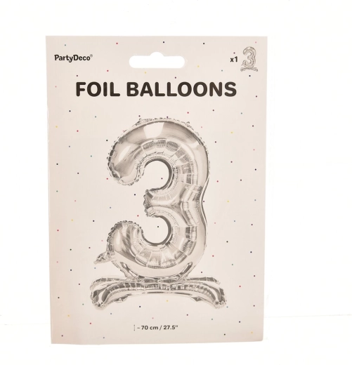Stojaci fóliový balónik číslo 3 strieborný 70 cm