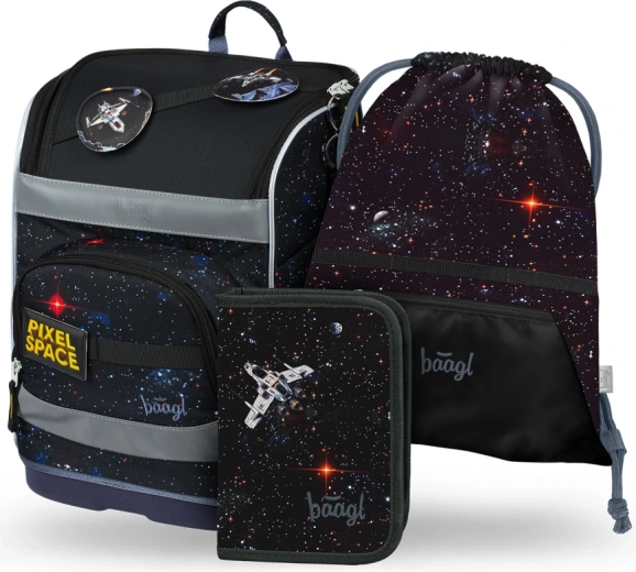 Školská súprava BAAGL: Zippy Plus Pixel Space - aktovka, peračník, vrecúško