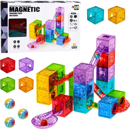 Magnetická stavebnica – farebné priehľadné kocky s guľôčkovou dráhou (33 dielov)