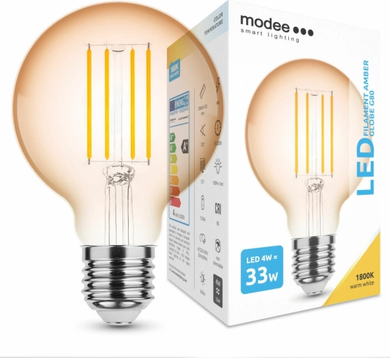 Modee LED filamentová žiarovka Amber Globe G80 4W E27, 360 lm, teplá biela