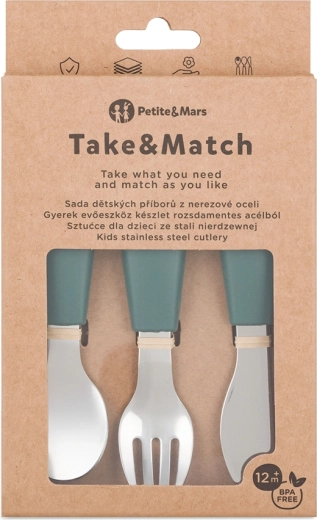 Petite&Mars sada detského príboru z nehrdzavejúcej ocele Take&Match Misty Green 12m+