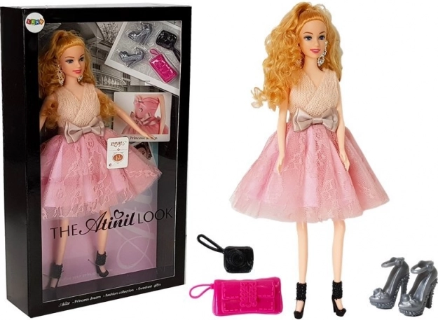 Bábika modelka blondínka 28 cm s kabelkou a lodičkami