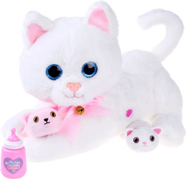 Interaktívna plyšová mačka s mačiatkami a fľaštičkou – Biela