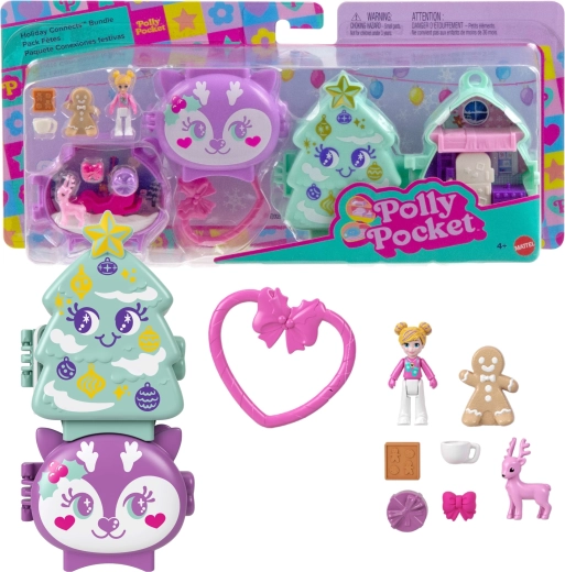 Mattel Polly Pocket vianočný prepojiteľný kompaktný herný set Holiday Connects stromček a sob – 2 ks
