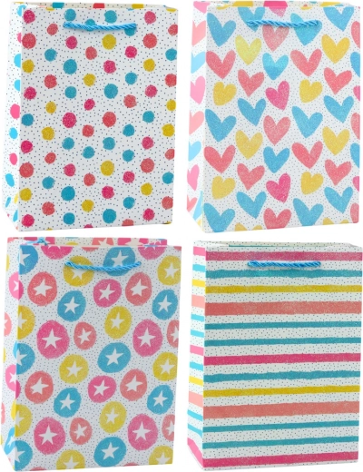 Farebná darčeková taška srdcia, hviezdičky, bodky, pruhy