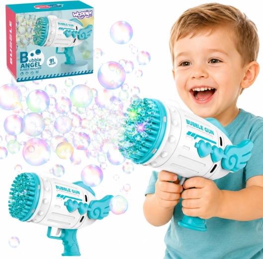 Woopie bublifuková pištoľ Bubble Angel s 91 otvormi modrá