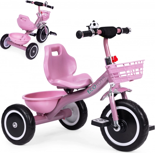 Detská trojkolka s protišmykovými rukoväťami, zvončekom a košíkom, ružová ECOTOYS