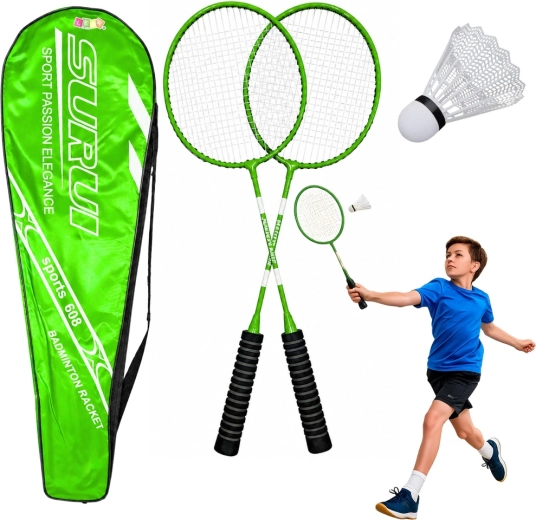 Zelený bedmintonový set s 2 raketami, košíkom a puzdrom