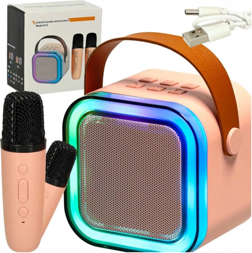 Karaoke sada s bluetooth reproduktorom, 2 bezdrôtové mikrofóny a LED podsvietením 6 W – ružová