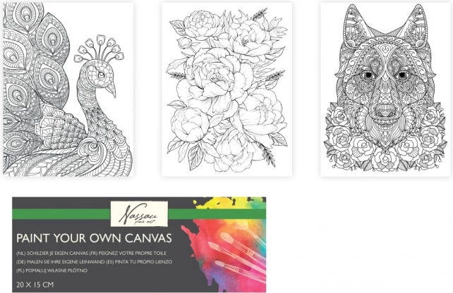 Predtlačené plátno na maľovanie 20 × 15 cm – vlk, páv a kytica