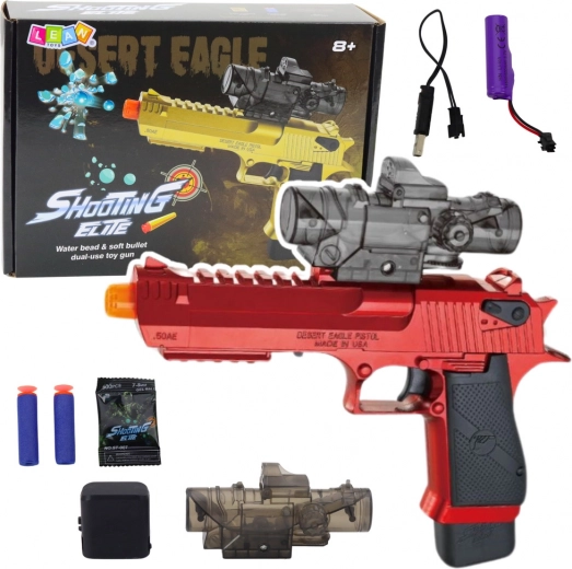 Elektrická detská pištoľ na gélové guľôčky a penové šípky – červená