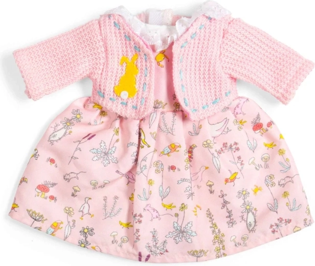 Bigjigs Toys šaty s motívom prírody a ružový svetrík pre bábiku 34 cm