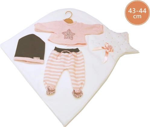 Llorens oblečenie pre bábiku New Born 43–44 cm, 3-dielna sada s dečkou