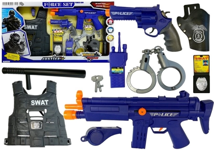 Policajný herný set so zvukmi streľby a príslušenstvom
