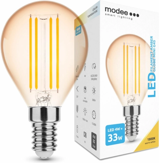 Modee LED filamentová žiarovka Amber Globe Mini G45 4 W E14, 360 lm, teplá biela, stmievateľná