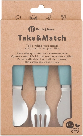 Petite&Mars súprava detských príborov z nehrdzavejúcej ocele Take&Match Frosted Sky 12m+