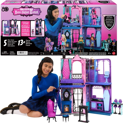 Monster High Boo-tique Hotel – strašidelný skladací hotelový domček s nábytkom a doplnkami