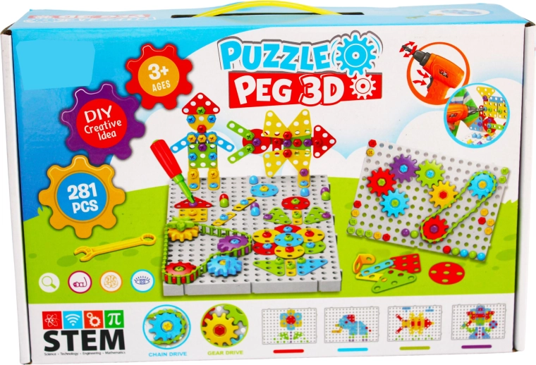 Kreatívna 3D stavebnica s detskou vŕtačkou Puzzle Peg (281 dielikov)
