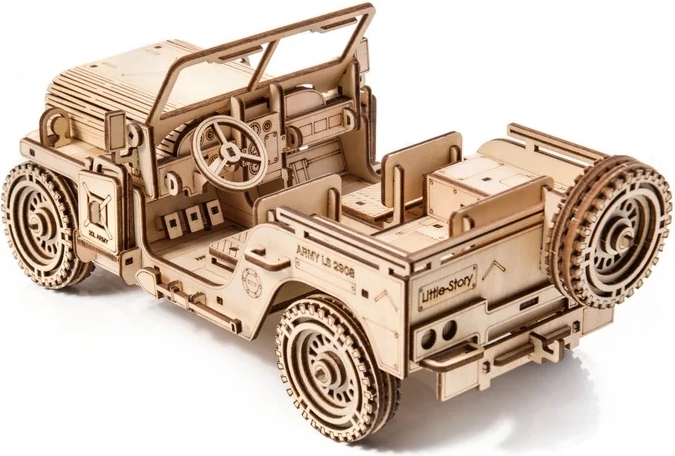 Detailný drevený model vojenského vozidla