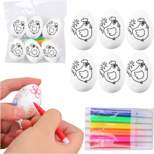 Polystyrénové veľkonočné vajíčka na maľovanie s fixkami, motív sliepočky, 6 ks