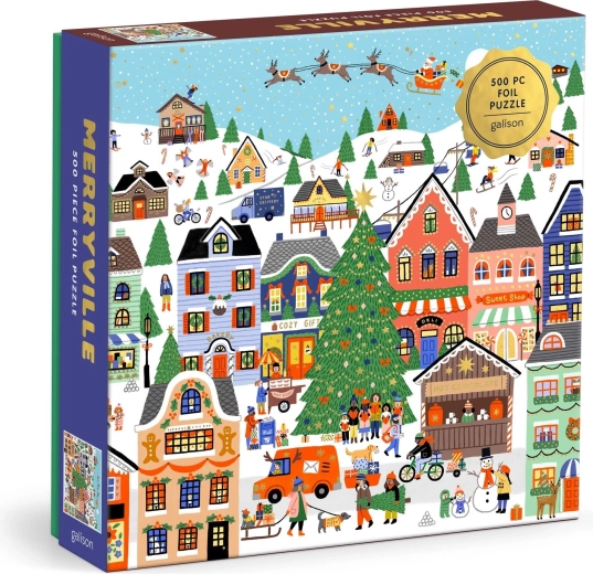 Galison metalické štvorcové puzzle Zasnežené mestečko, 500 dielikov