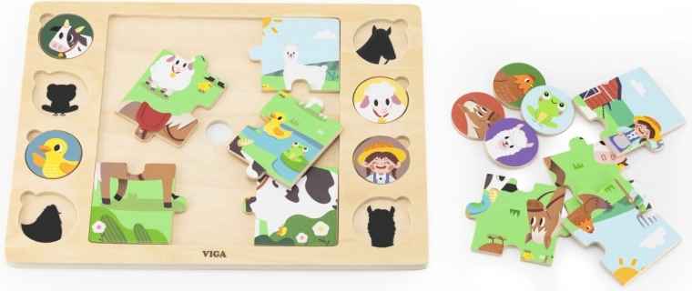 Drevené puzzle na podložke Viga – priraď tiene, farma
