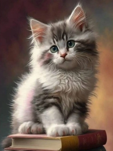 Diamantová mozaika – mačiatko na knihách