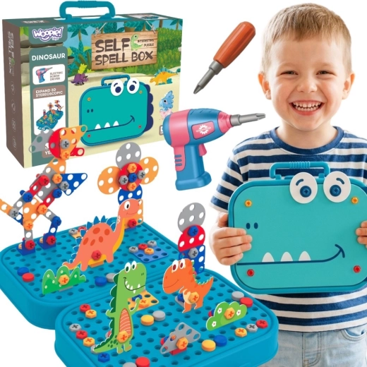 Woopie sada malého majstra 3D stavebnica dino so skrutkami a vŕtačkou v kufríku