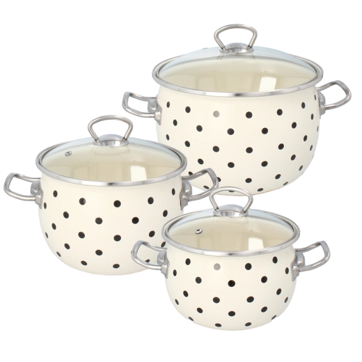 Súprava 3 smaltovaných hrncov s pokrievkami, biele bodky 2,5 l, 3,5 l, 5 l