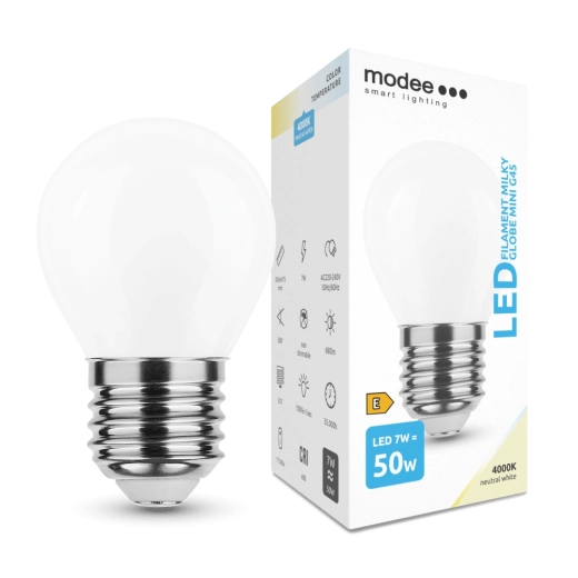 LED vláknová žiarovka Modee Milky Globe Mini E27 7 W neutrálna biela