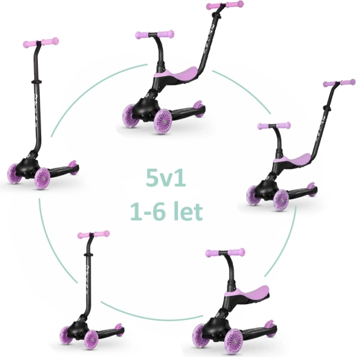 Qplay Sema Evo detská kolobežka a odrážadlo s LED svetlami Violet 3v1