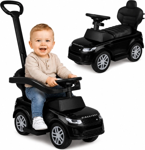 Detské odrážadlo a vozítko s vodiacou tyčou 2v1 Range Rover Discovery čierne so zvukmi