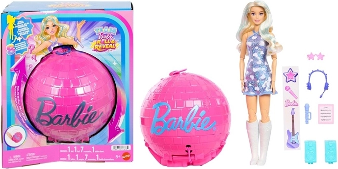 Barbie Team Roll and Reveal popstar – bábika v guli s prekvapením