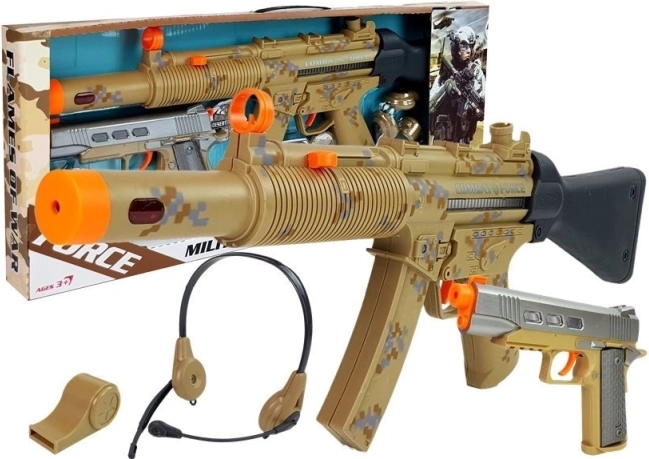 Vojenská sada pre deti s dvoma pištolami, slúchadlami a píšťalkou