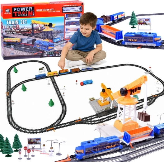 Elektrická nákladná vláčkodráha Power Train World Cargo so stanicou a žeriavom, 670 cm, 59 dielov