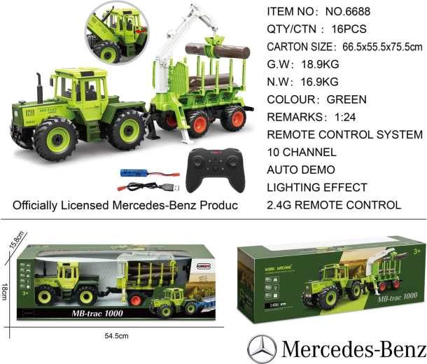 Zelený RC traktor Mercedes-Benz s prívesom na drevo a žeriavom 1:24
