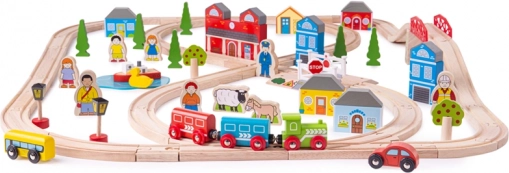 Drevená vláčkodráha mesto a dedina BIGJIGS RAIL, 91 dielov