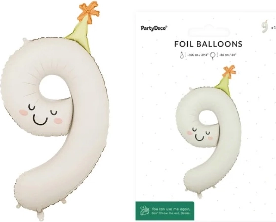 Fóliový balónik číslo 9 krémový s tváričkou
