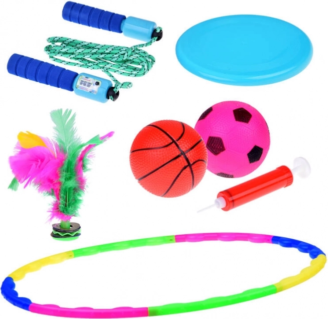 Športový set 5v1 pre deti – hula hoop, frisbee, skákacie švihadlo, loptičky a pierková košíková lotka