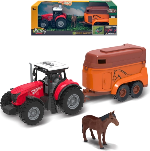 Farmársky traktor s prívesom na kone so svetlami a zvukmi