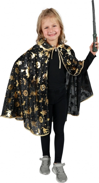 Detský čarodejnícky plášť na Halloween, čierny so zlatými motívmi