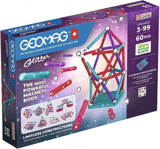 Geomag Glitter trblietavá magnetická stavebnica z recyklovaného plastu 60 dielov