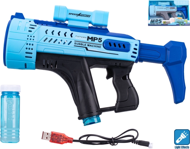 Bublifuková pištoľ MP5 modrá so svetelným efektom 44 cm