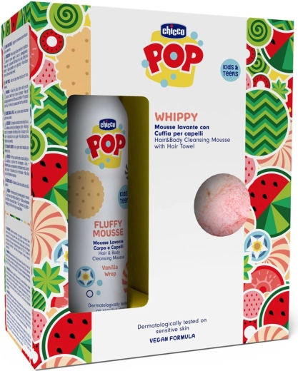 Chicco POP vanilková pena na telo a vlasy 2v1 s uterákom na vlasy 200 ml