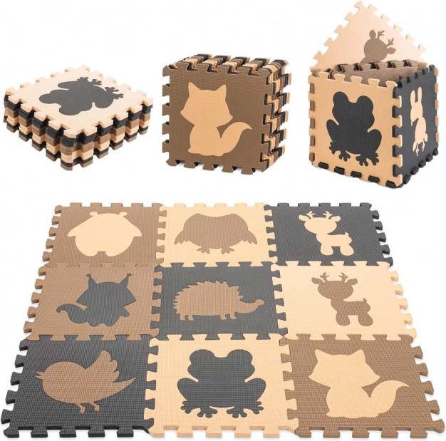 Edukativná penová podložka puzzle so zvieratkami, béžová, 85 × 85 cm, 9 dielov