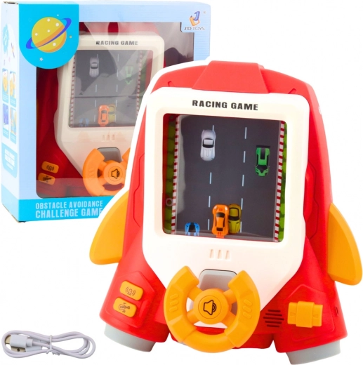 Detský závodný simulátor Raketa s volantom a zvukmi – červený