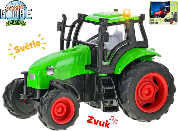 Kids Globe Farming kovový traktor 11 cm so zotrvačníkom, svetlom a zvukom